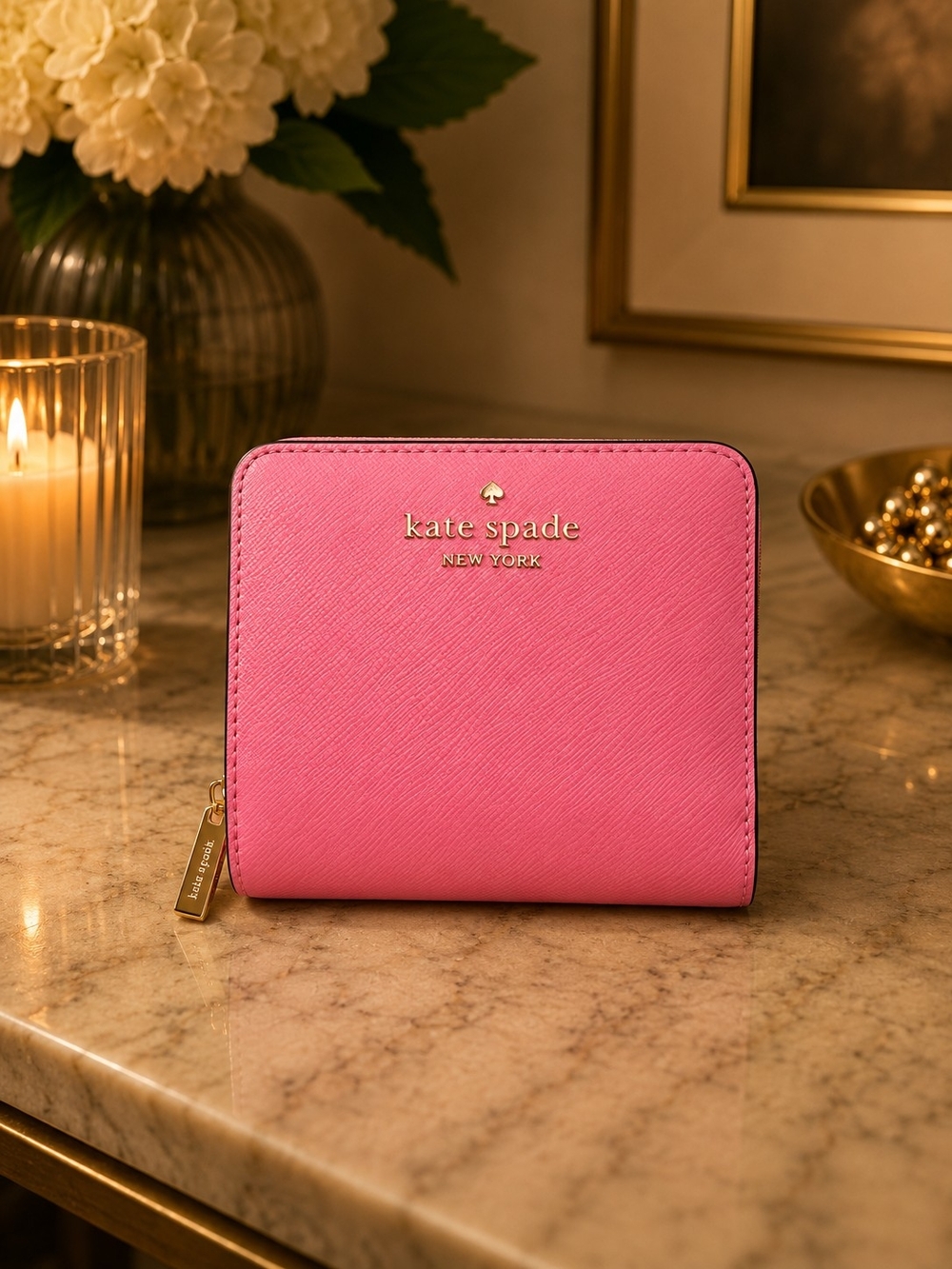 kate spade Pink Saffiano Compact Bifold Zip Around Wallet with Gold Logo